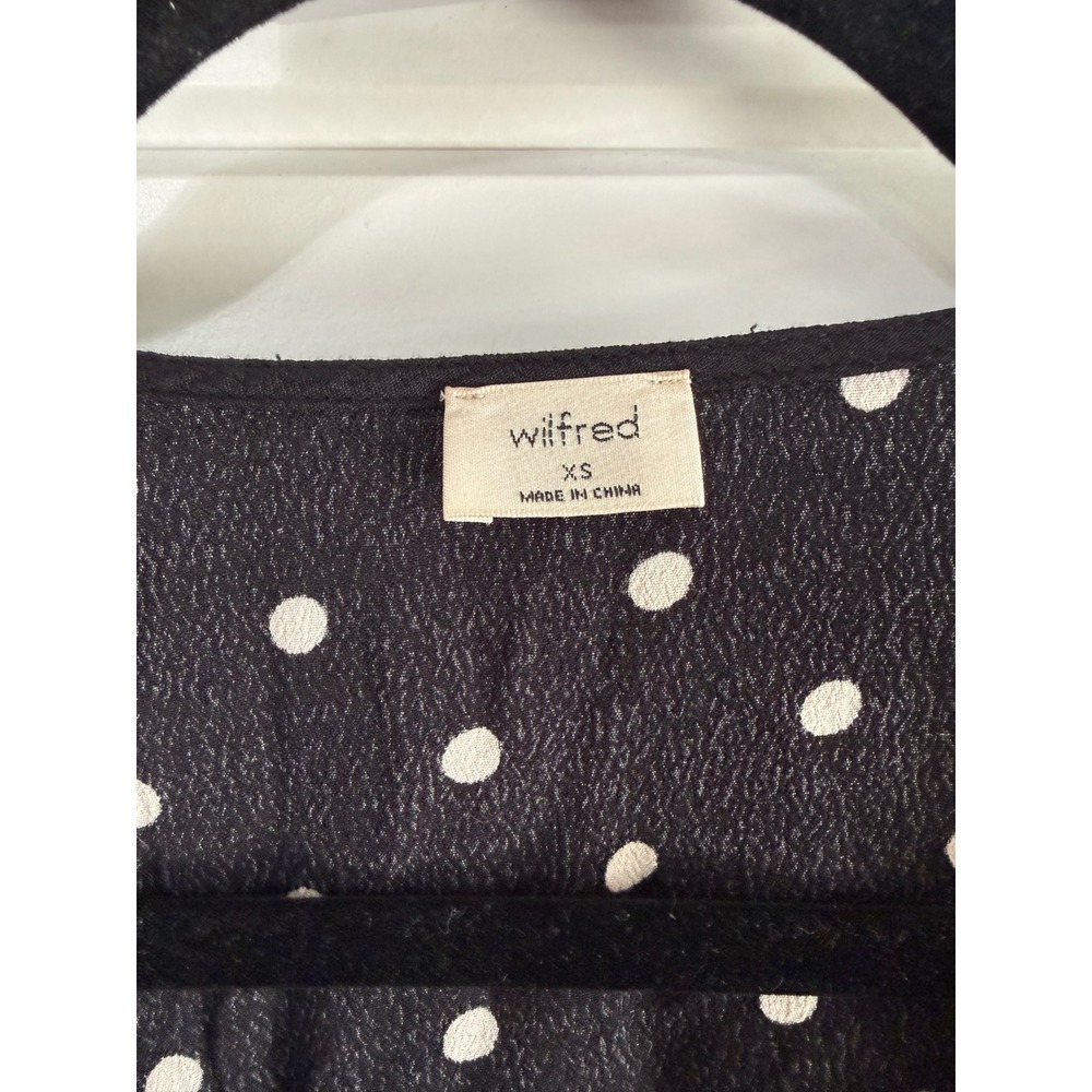 Aritzia Wilfred Black White Polka Dot Prairie Blouse XS V-Neck Bishop Sleeve - Picture 5 of 7